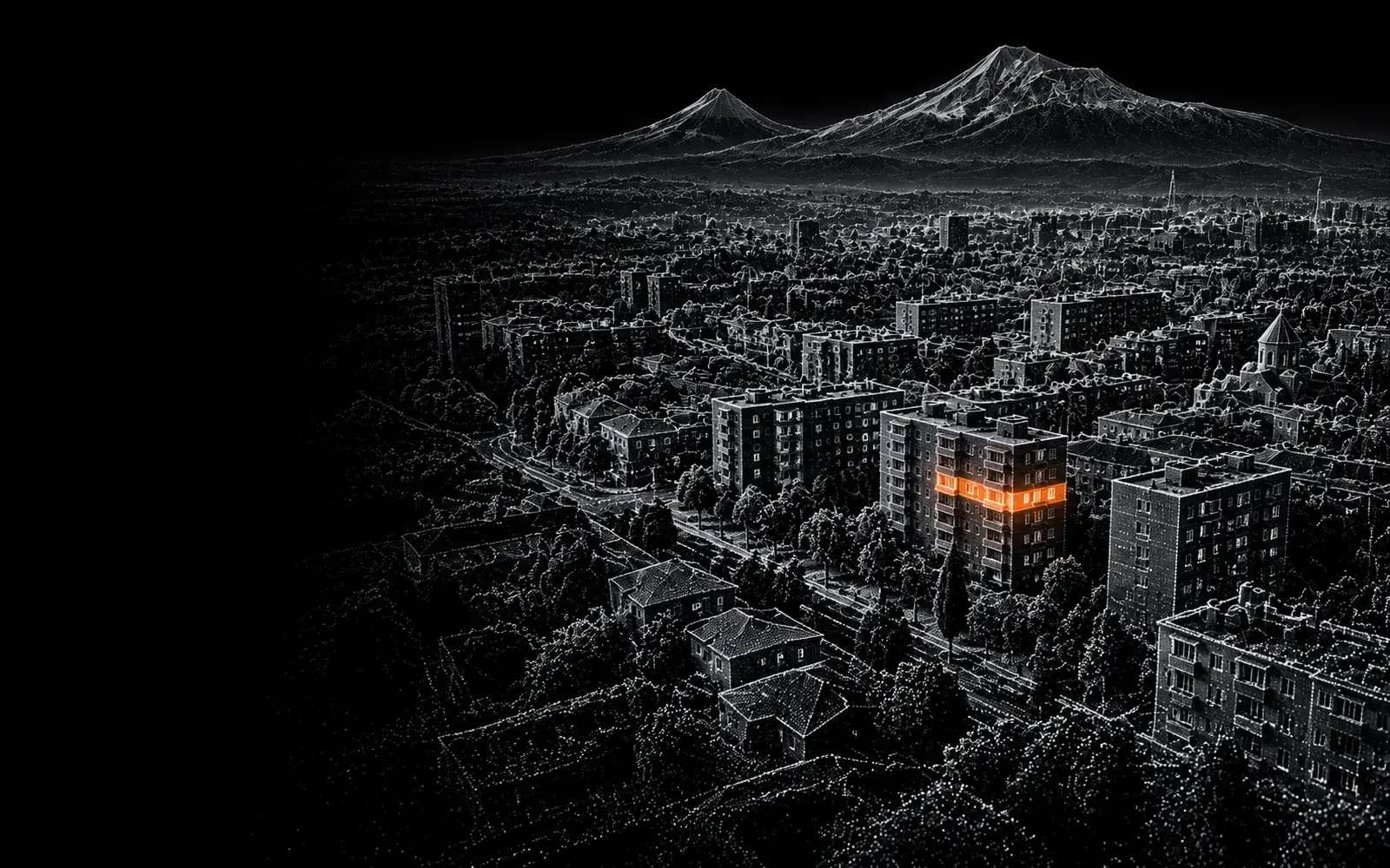 Scan of an Armenian town below Mount Ararat, one flat highlighted