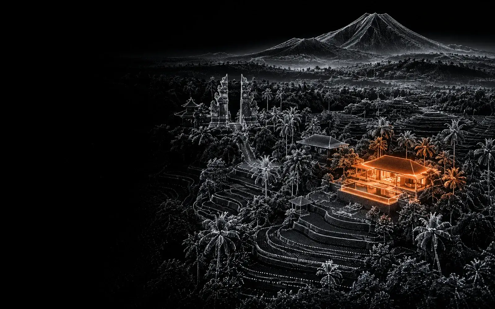 Scan of palms, rice terraces and a volcano in Bali, one villa highlighted