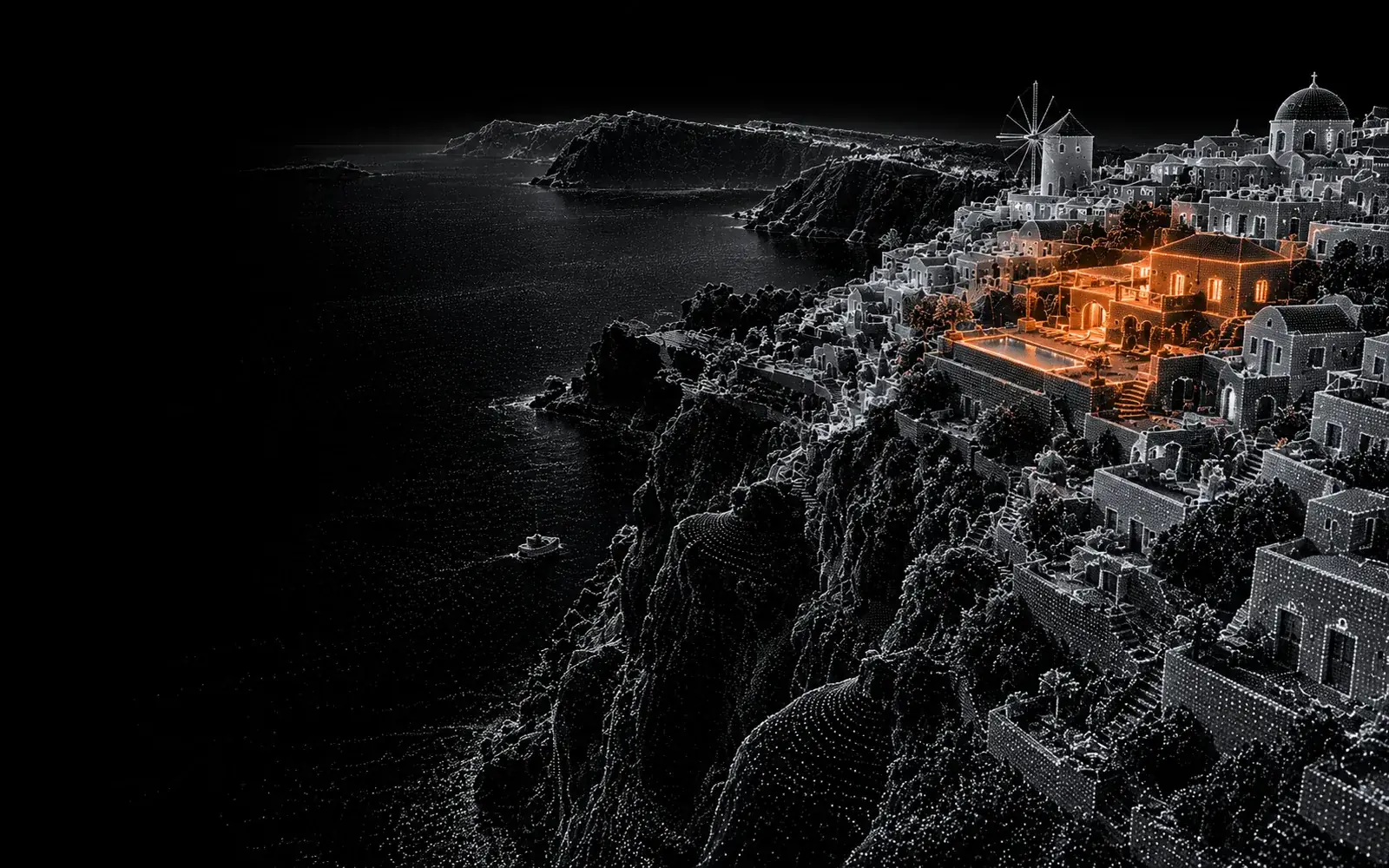 Scan of a Greek cliff town above the sea, one villa highlighted
